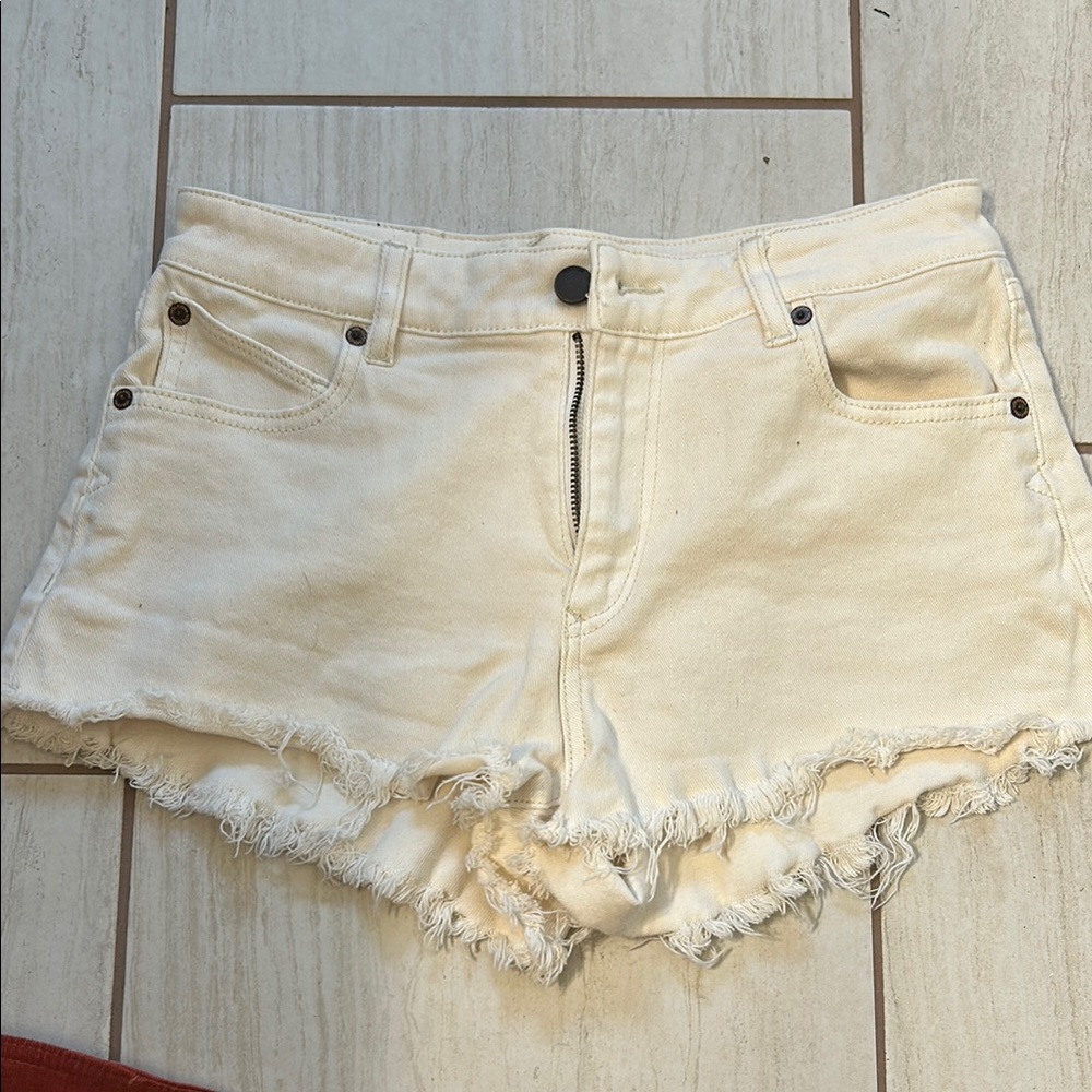 Cream Denim Frayed Shorts